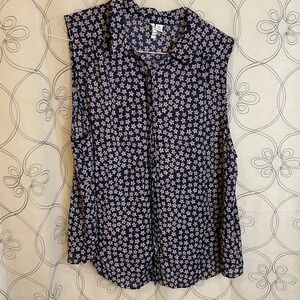 ELLE Women NAVY Patriotic Star Sleeveless Button Polyester Blouse Top Size XXL